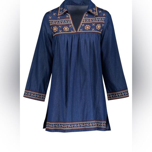 Guadalupe Design Elie Embroidered Chambray Denim Tunic Top/Mini Dress - Picture 1 of 9